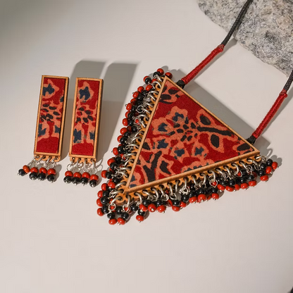 WHE Two in One Multicolor Repurposed Fabric and Wood Triangle Pendant