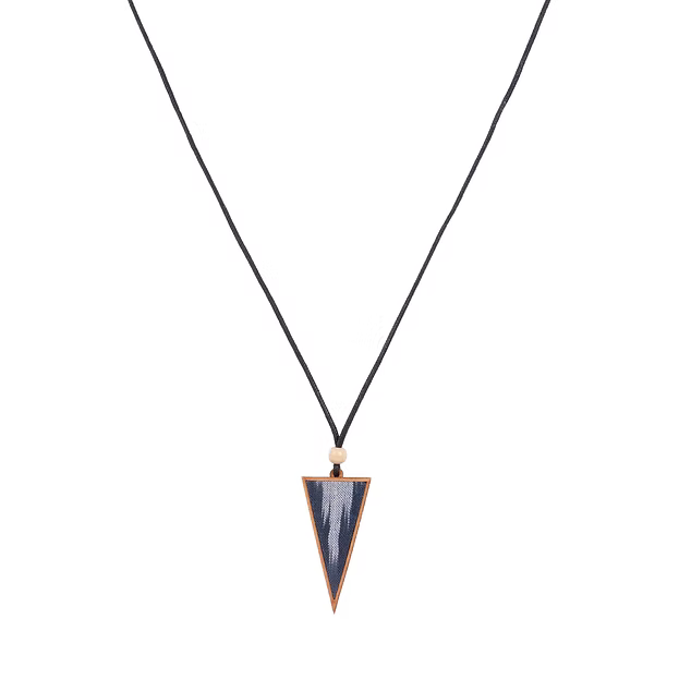 WHE Unisex Blue Repurposed Fabric and Wood Triangular Pendant