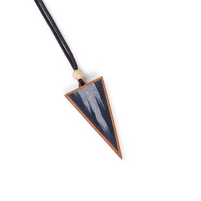 WHE Unisex Blue Repurposed Fabric and Wood Triangular Pendant