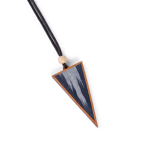 WHE Unisex Blue Repurposed Fabric and Wood Triangular Pendant