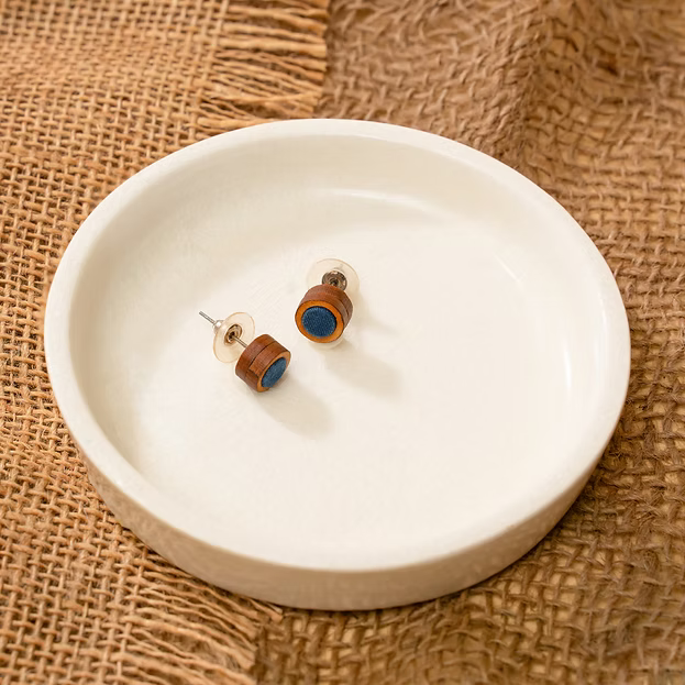 WHE Unisex Blue Round Repurposed Fabric and Wood Studs