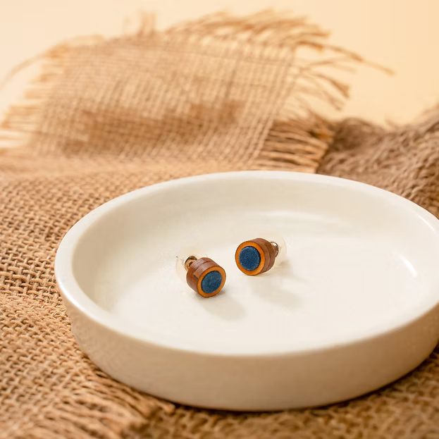 WHE Unisex Blue Round Repurposed Fabric and Wood Studs