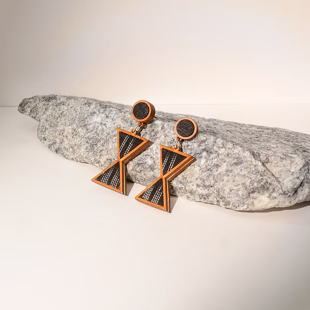 WHE Worli Inspired Black Repurposed Fabric and Wood Earrings