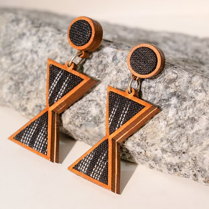 WHE Worli Inspired Black Repurposed Fabric and Wood Earrings