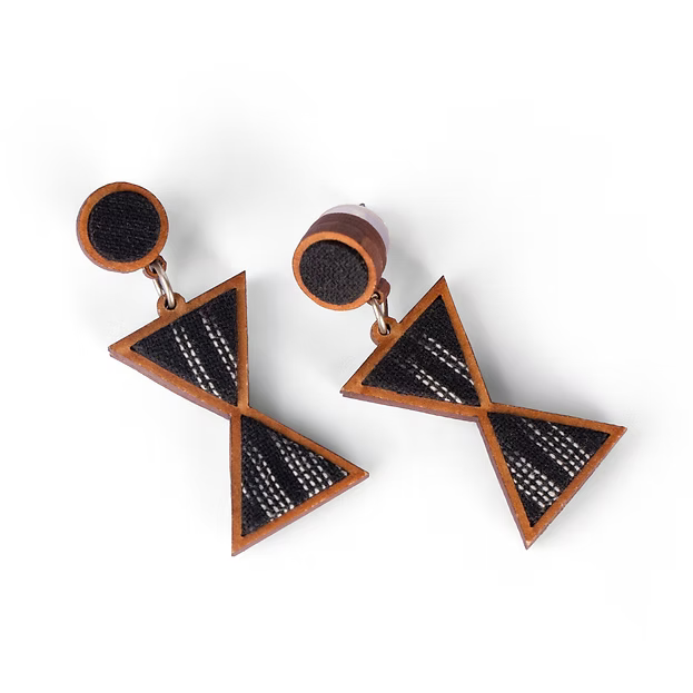 WHE Worli Inspired Black Repurposed Fabric and Wood Earrings