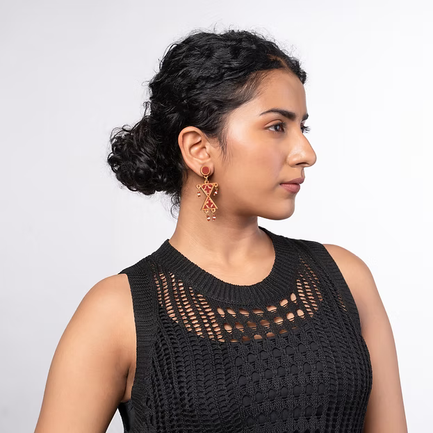 WHE Worli Inspired Maroon Repurposed Fabric and Wood Earrings