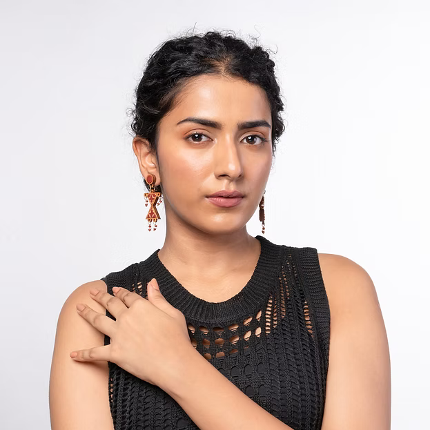 WHE Worli Inspired Maroon Repurposed Fabric and Wood Earrings