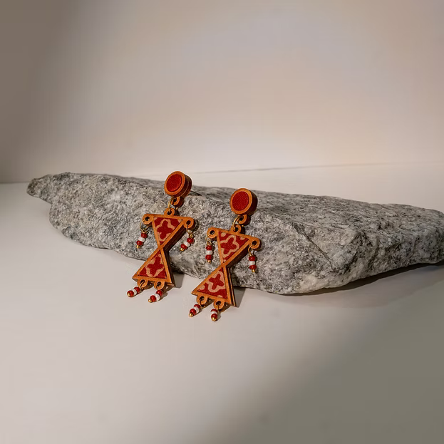 WHE Worli Inspired Maroon Repurposed Fabric and Wood Earrings