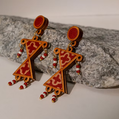WHE Worli Inspired Maroon Repurposed Fabric and Wood Earrings