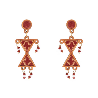 WHE Worli Inspired Maroon Repurposed Fabric and Wood Earrings