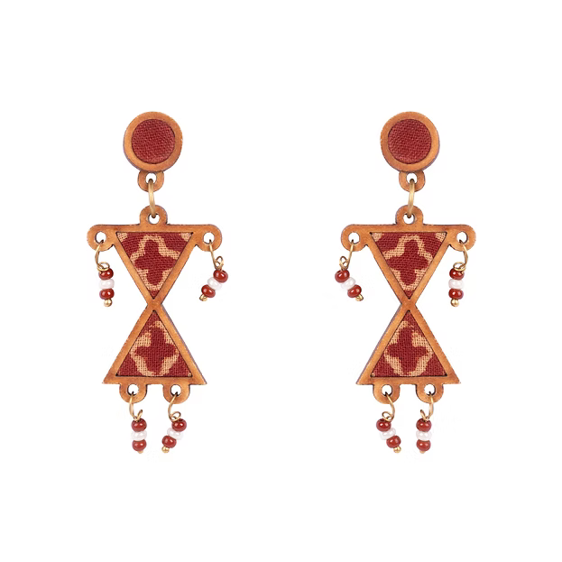 WHE Worli Inspired Maroon Repurposed Fabric and Wood Earrings