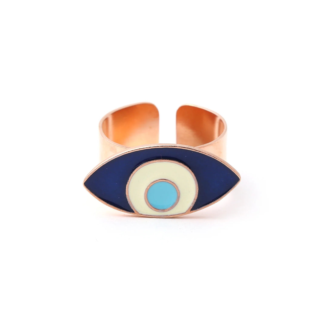 EVIL EYE ENAMEL ADJUSTABLE RING - BLUE ROSE GOLD