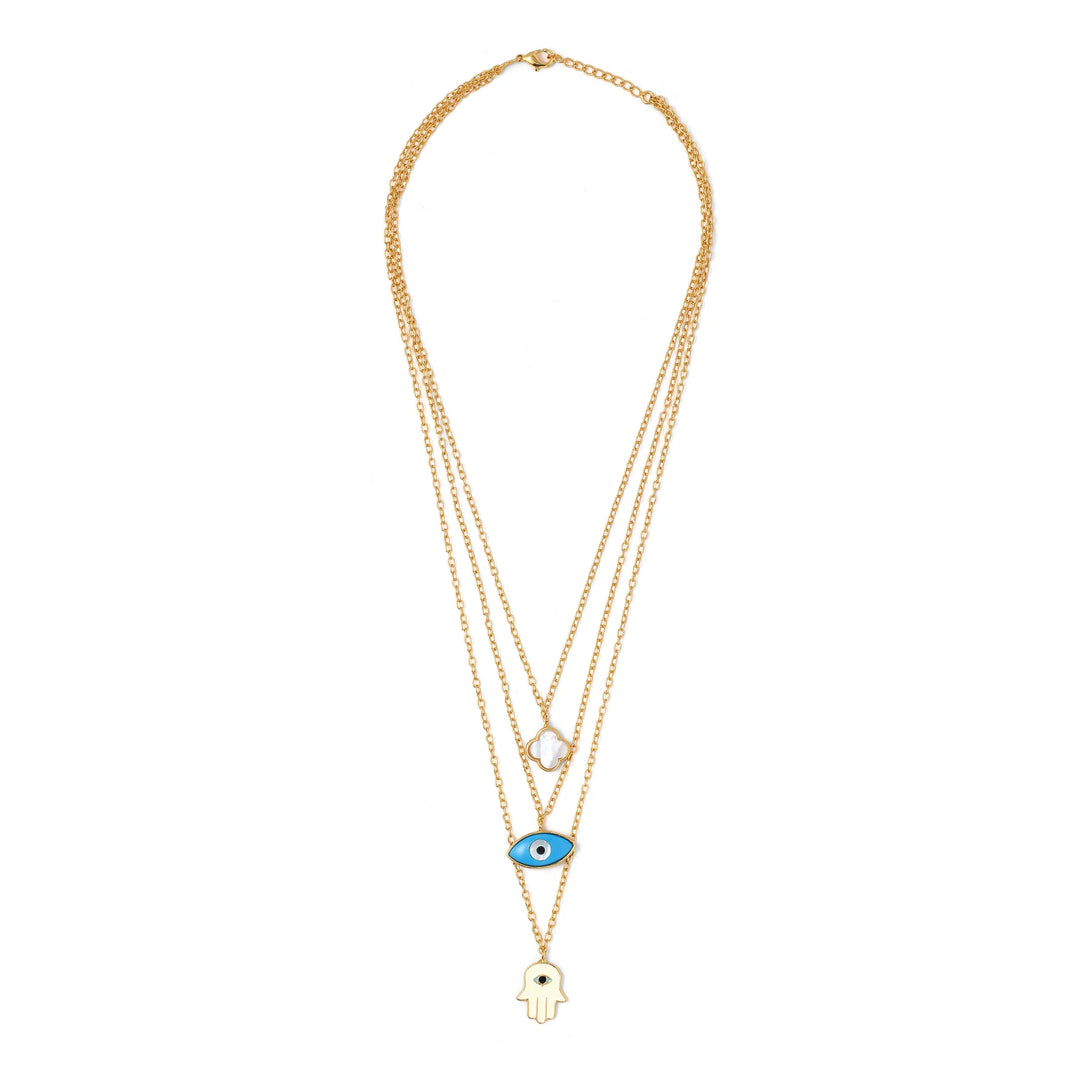 MULTI LAYER NECKCHAIN / HAMSA, CLOVER, EVIL EYE