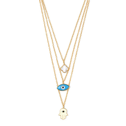 MULTI LAYER NECKCHAIN / HAMSA, CLOVER, EVIL EYE