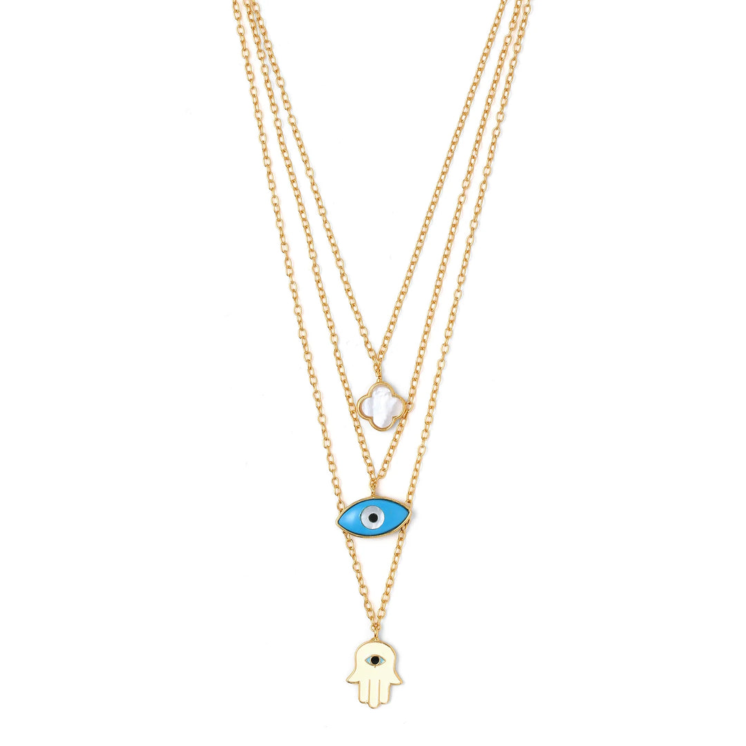 MULTI LAYER NECKCHAIN / HAMSA, CLOVER, EVIL EYE